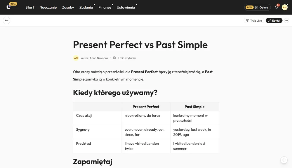 Materiał edukacyjny w Luno: lekcja o Present Perfect i Past Simple z tabelą porównawczą, z przyciskami trybu live i edycji.