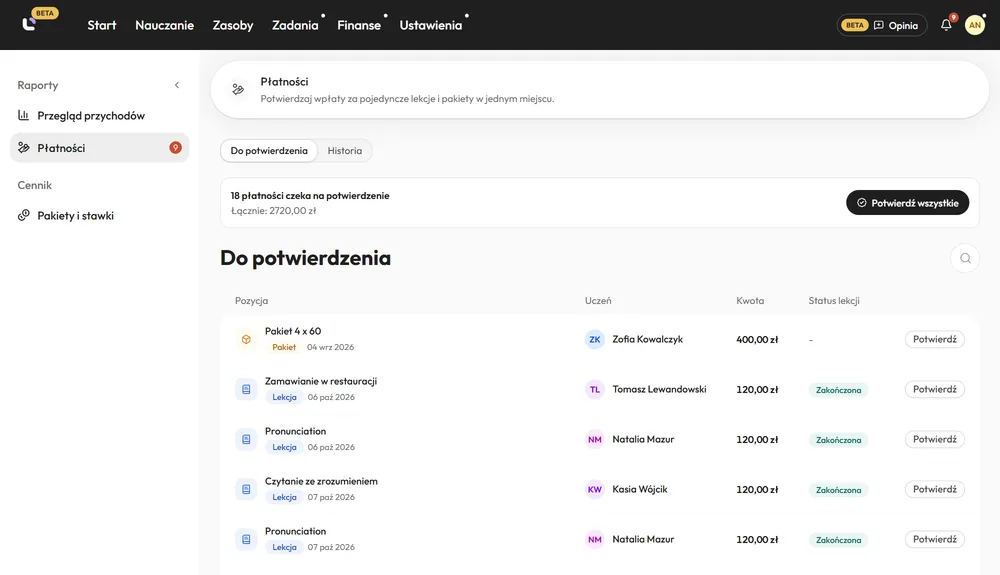 Centrum płatności w Luno: lekcje i pakiety do potwierdzenia, z uczniem, kwotą i statusem lekcji, oraz przycisk potwierdzenia wszystkich naraz.